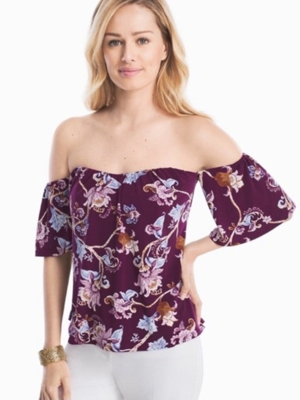White House Black Market Plum Floral Off-Shoulder Blouse. Size 2. Like New.